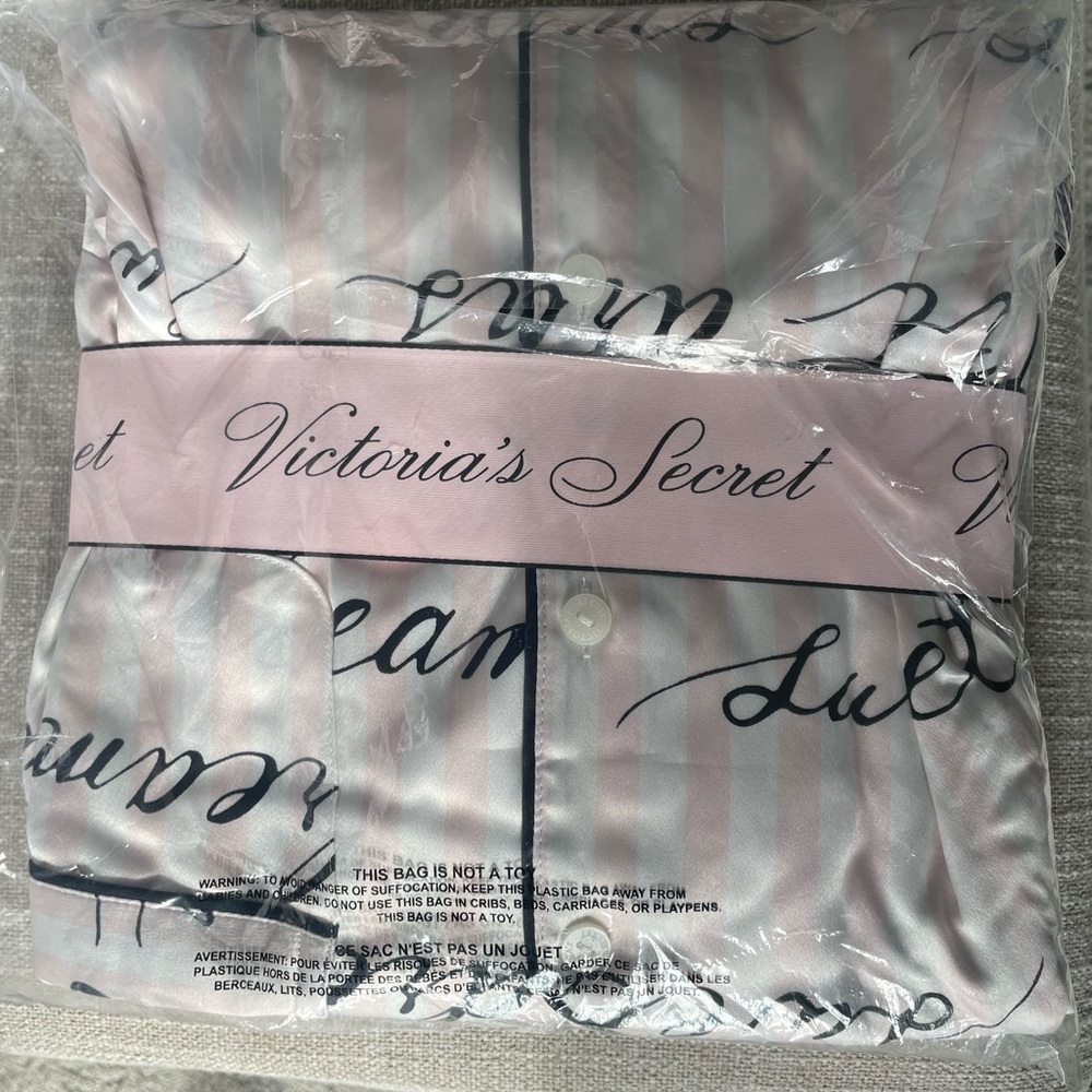 Victoria’s Secret satin pinstripe pink pajamas